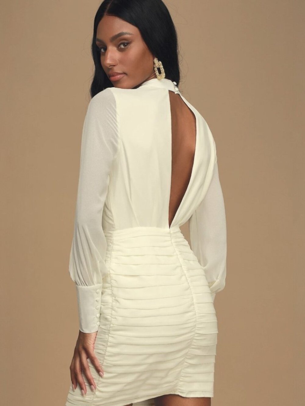 Lulus Major Inspo Cream Ruched Long Sleeve Mini Dress​ NWT - Picture 4 of 9